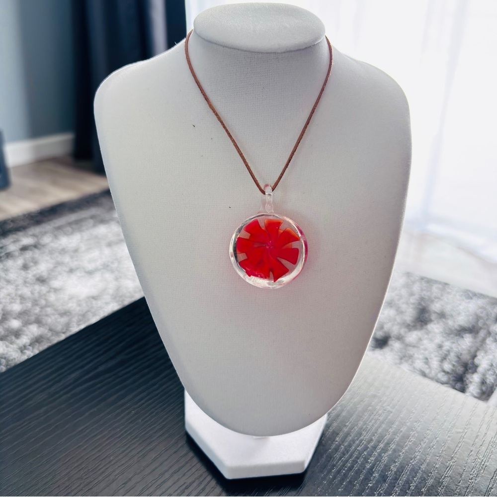 Lucite Encased Red Flower Pendant Necklace Leather Cord